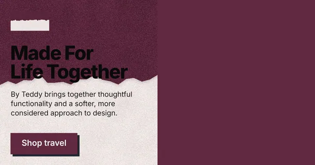 Social ad for By Teddy: "Made For Life Together". Paper trio style, bottom layout, dark palette in red, white, pink.