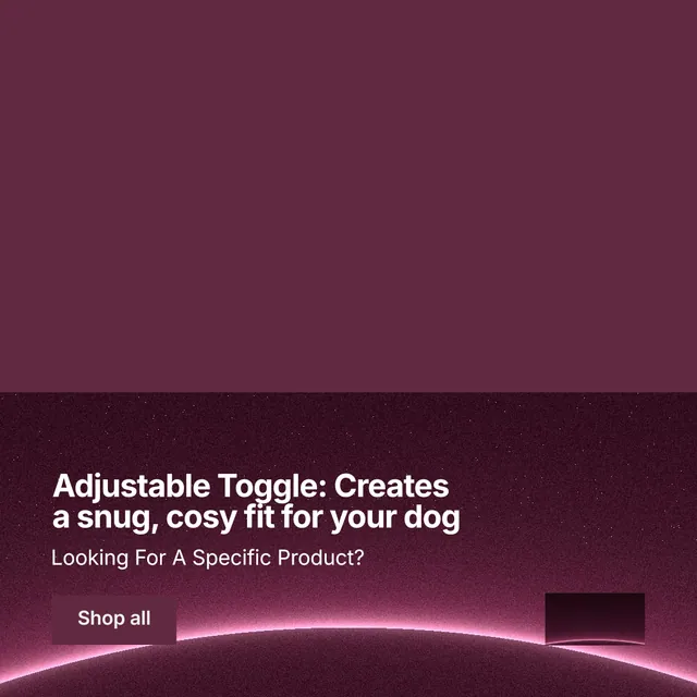 Instagram post for By Teddy: "Adjustable Toggle: Creates a snug, cosy fit for your dog". Swiss style, bottom layout, dark palette in red, pink.