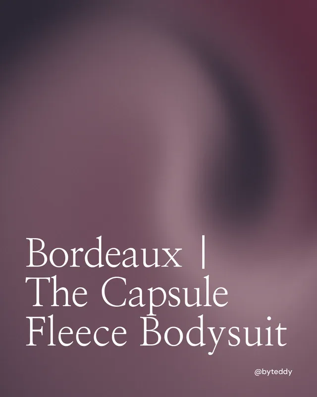 Instagram portrait post for By Teddy: "Bordeaux | The Capsule Fleece Bodysuit". Auto 4x5 style, technique:shader field layout, dark palette in grey, pink.