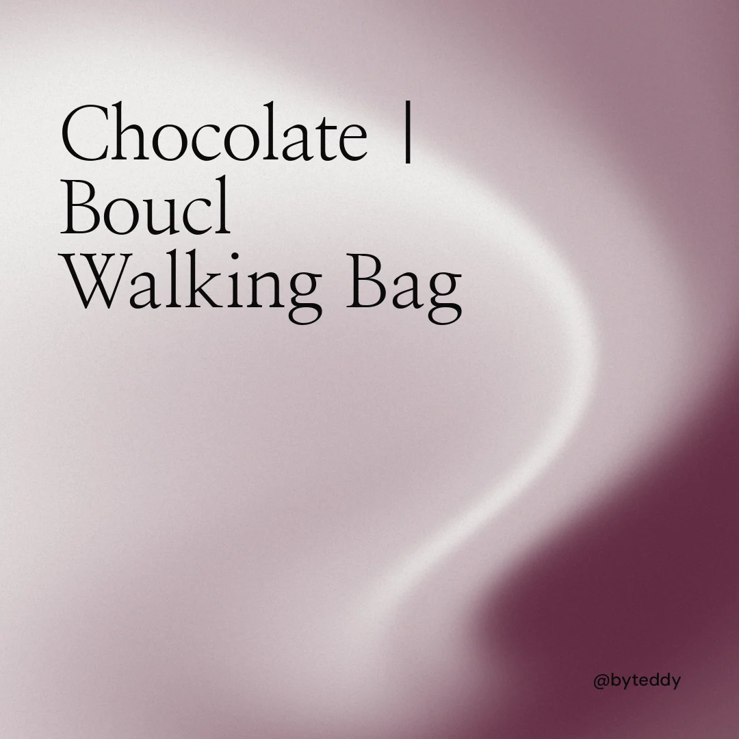 Instagram post for By Teddy: "Chocolate | Bouclé Walking Bag". Auto 1x1 style, technique:shader field layout, light palette in grey, red, white.