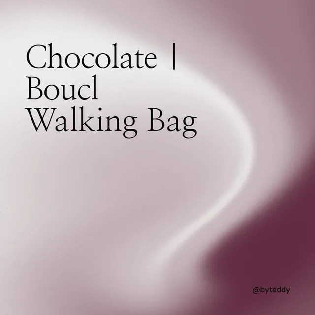 Instagram post for By Teddy: "Chocolate | Bouclé Walking Bag". Auto 1x1 style, technique:shader field layout, light palette in grey, red, white.