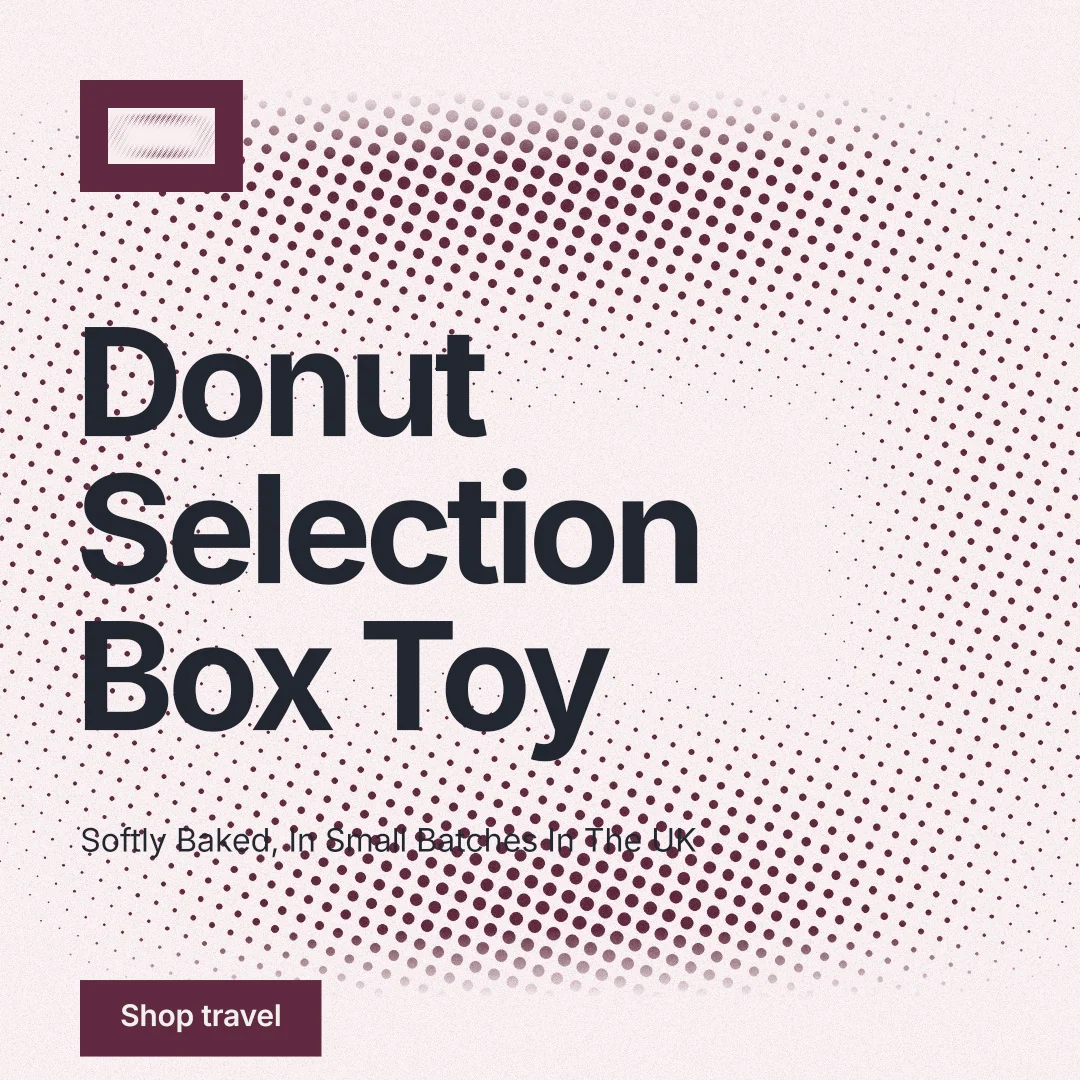 Instagram post for By Teddy: "Donut Selection Box Toy". Swiss style, announce layout, light palette in red, white, grey.