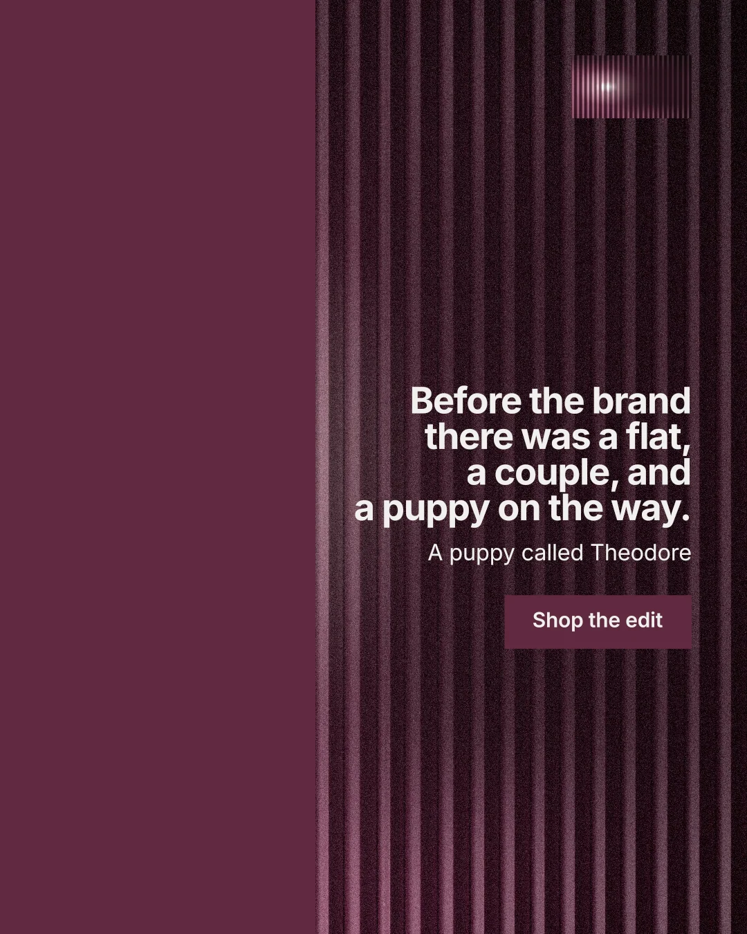 Instagram portrait post for By Teddy: "Before the brand there was a flat, a couple, and a puppy on the way." Swiss style, right layout, dark palette in red, black, grey.