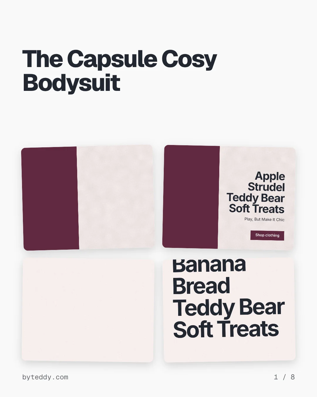Carousel for By Teddy: "The Capsule Cosy Bodysuit". Collection carousel, 8 slides, light palette.