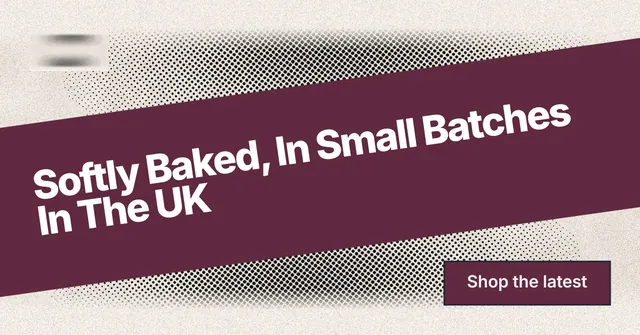 Social ad for By Teddy: "Softly Baked, In Small Batches In The UK". Ink sticker style, diagonal layout, light palette in red, orange, grey.
