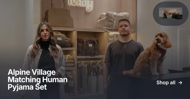 Social ad for By Teddy: "Alpine Village Matching Human Pyjama Set". Swiss style, image led layout, dark palette in black, grey.