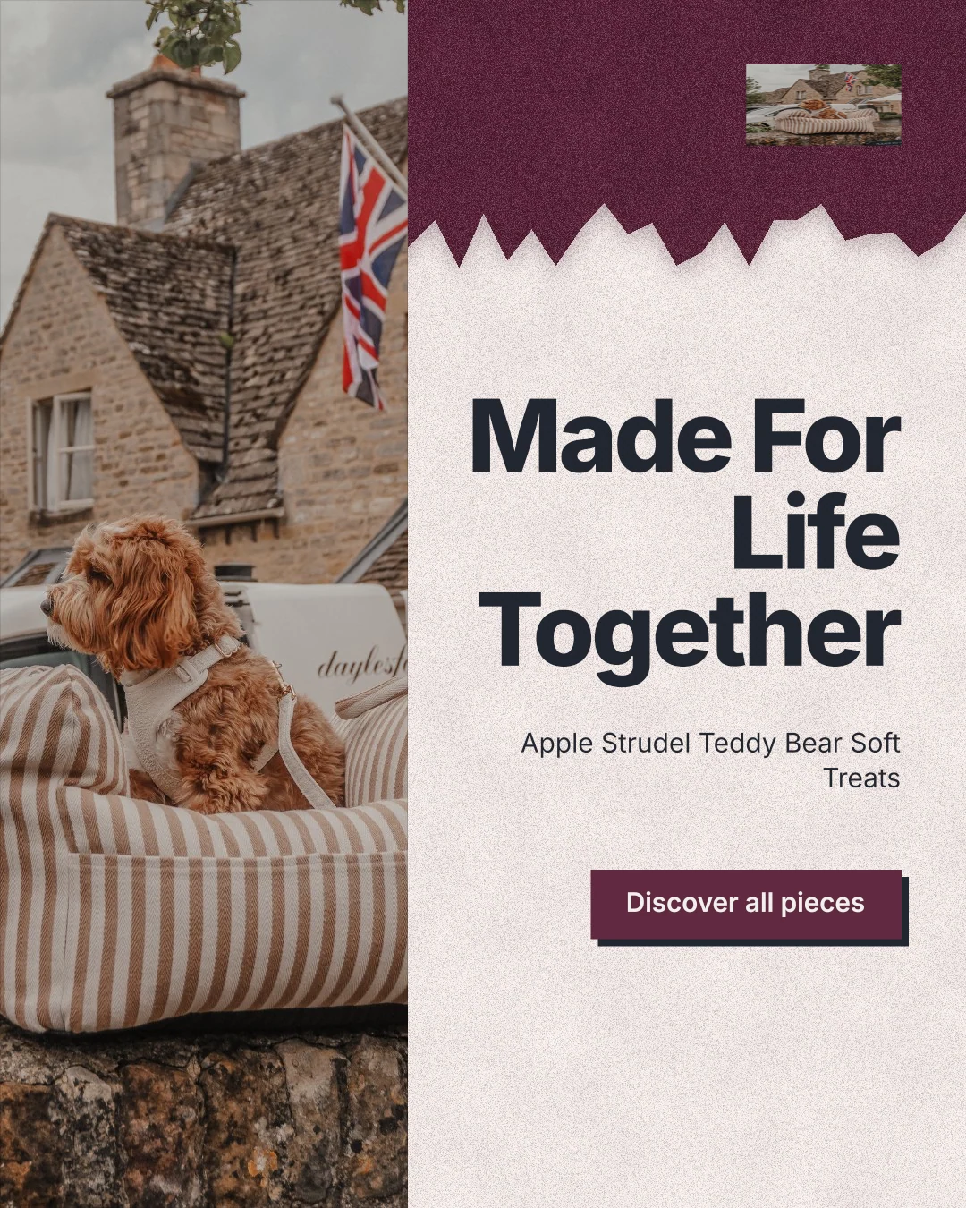 Instagram portrait post for By Teddy: "Made For Life Together". Paper trio style, right layout, light palette in orange, red, grey.