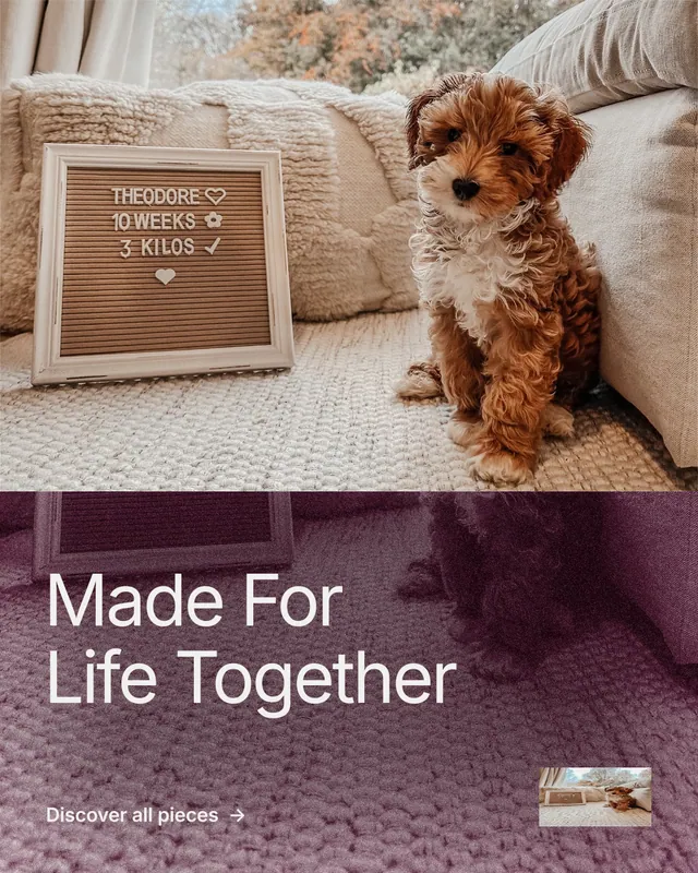 Instagram portrait post for By Teddy: "Made For Life Together". Film still style, bottom layout, light palette in grey, red.