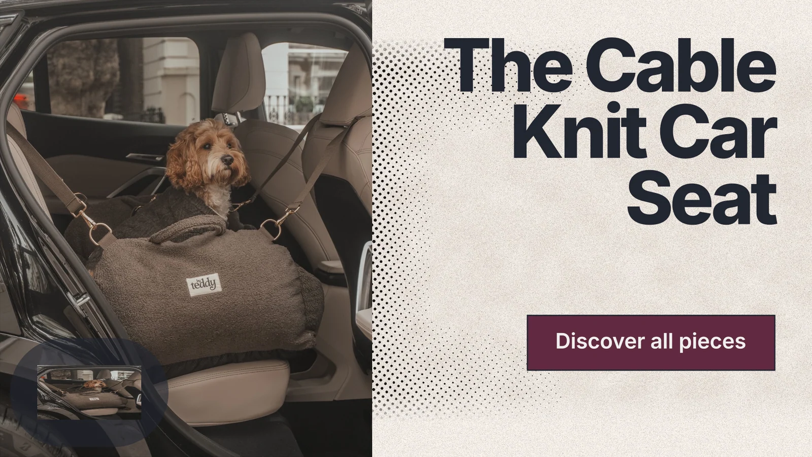 Landscape graphic for By Teddy: "The Cable Knit Car Seat". Ink sticker style, right layout, light palette in grey, orange, black.