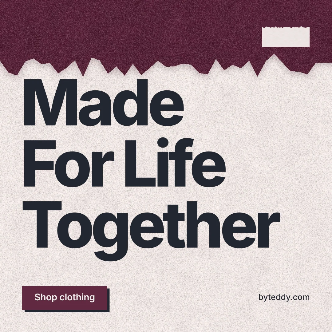 Instagram post for By Teddy: "Made For Life Together". Paper trio style, poster layout, light palette in pink, red, orange.