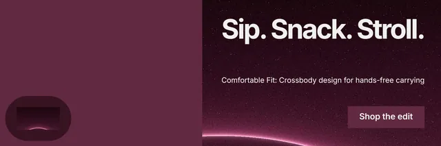 X header for By Teddy: "Sip. Snack. Stroll." Swiss style, right layout, dark palette in red, black, pink.