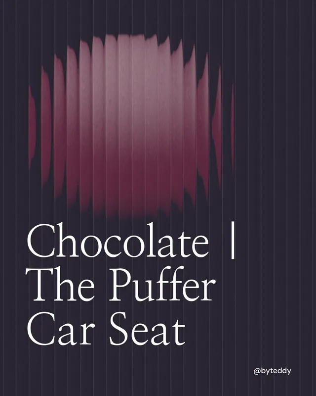 Instagram portrait post for By Teddy: "Chocolate | The Puffer Car Seat". Auto 4x5 style, technique:shader field layout, dark palette in black, pink, grey.