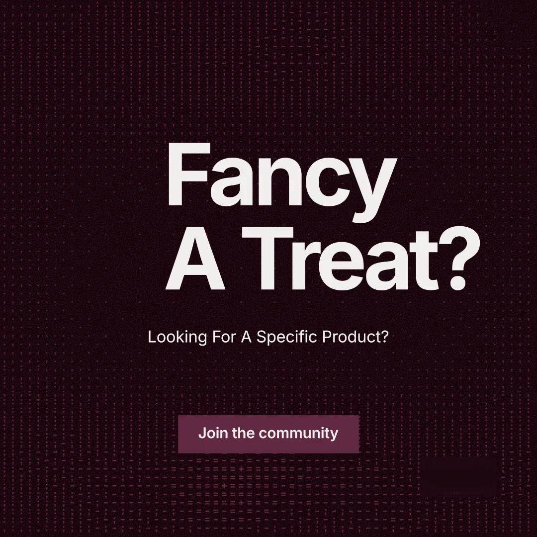 Instagram post for By Teddy: "Fancy A Treat?" Swiss style, centred layout, dark palette in black, grey.