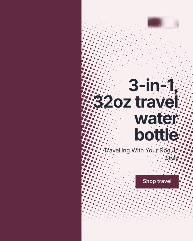 Instagram portrait post for By Teddy: "3-in-1, 32oz travel water bottle". Swiss style, right layout, light palette in red, white.