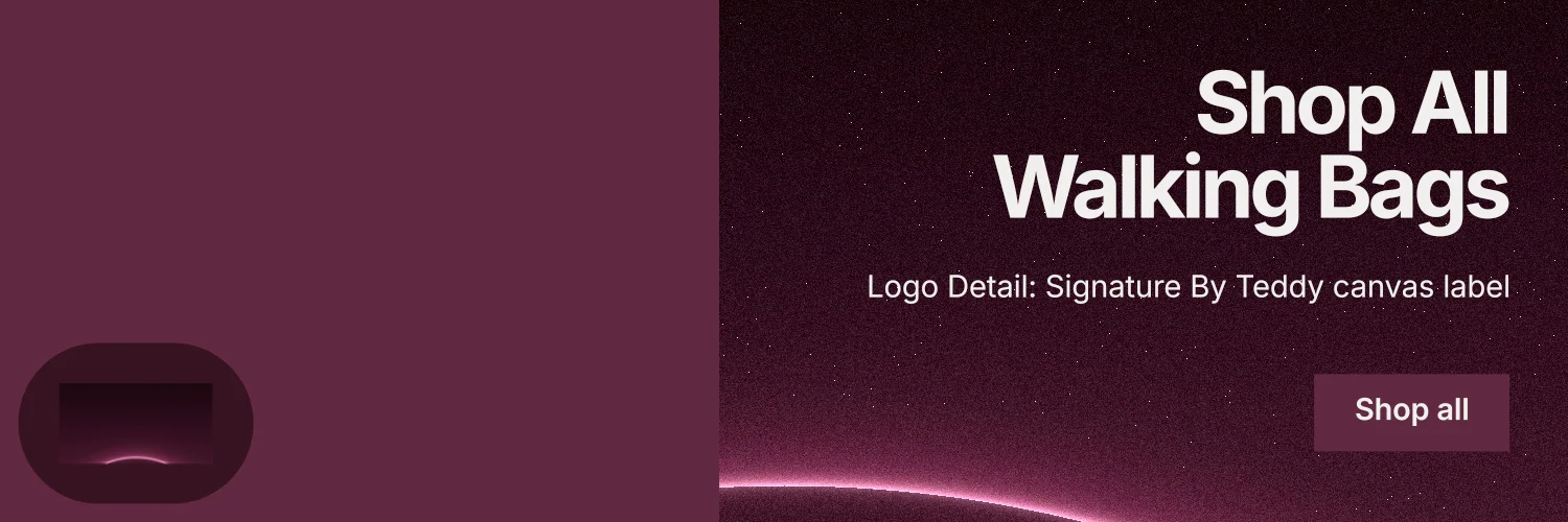 X header for By Teddy: "Shop All Walking Bags". Swiss style, right layout, dark palette in red, black, pink.