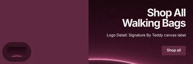 X header for By Teddy: "Shop All Walking Bags". Swiss style, right layout, dark palette in red, black, pink.