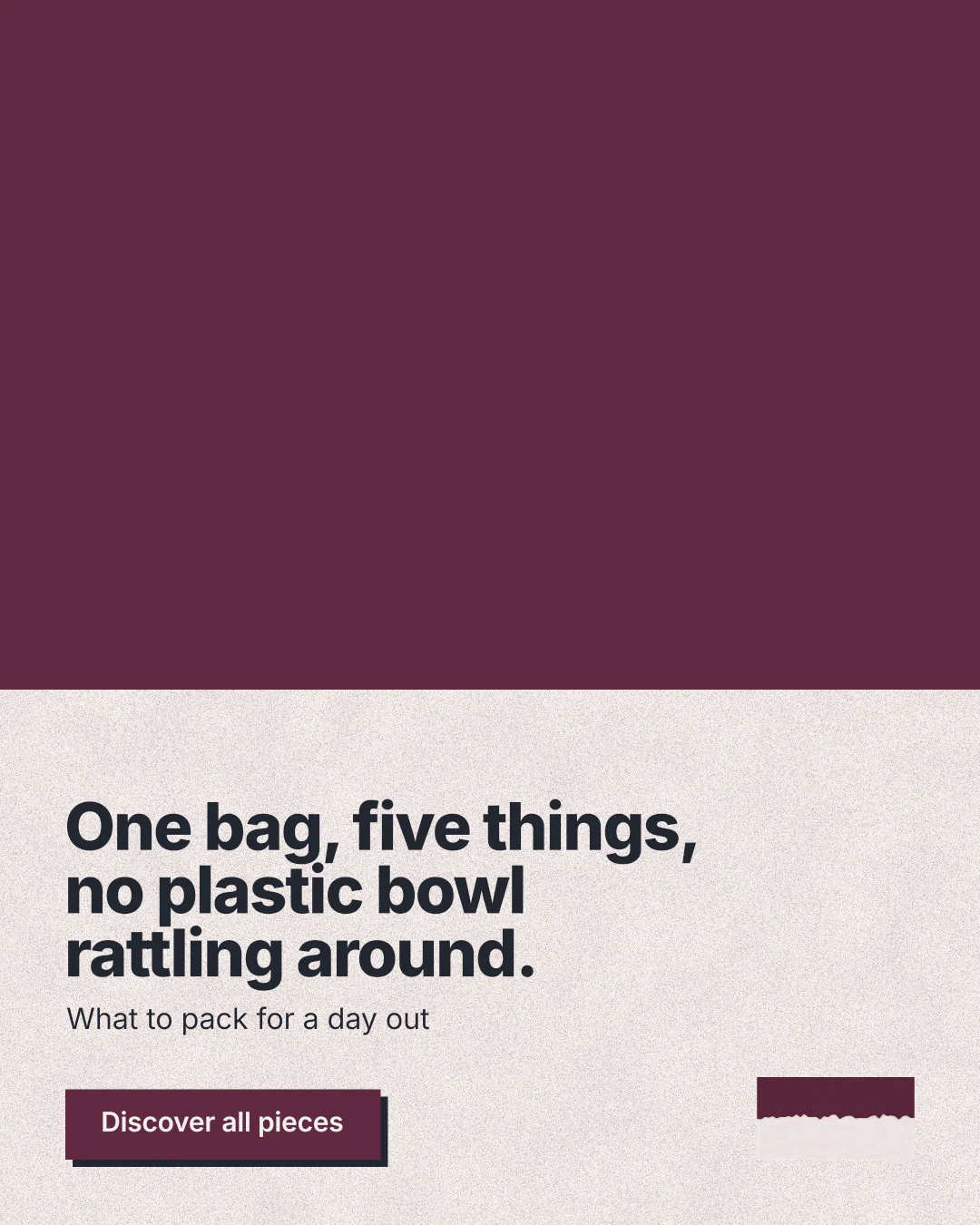 Instagram portrait post for By Teddy: "One bag, five things, no plastic bowl rattling around." Paper trio style, bottom layout, light palette in red, orange.