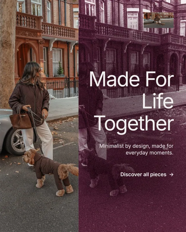 Instagram portrait post for By Teddy: "Made For Life Together". Film still style, right layout, dark palette in red, grey.