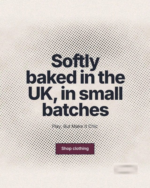 Instagram portrait post for By Teddy: "Softly baked in the UK, in small batches". Ink sticker style, centred layout, light palette in white, orange, grey.