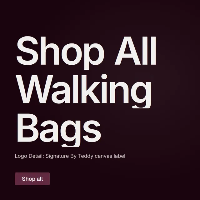 Video for By Teddy: "Shop All Walking Bags". Doc motion loop, 8.0 s, dark palette.