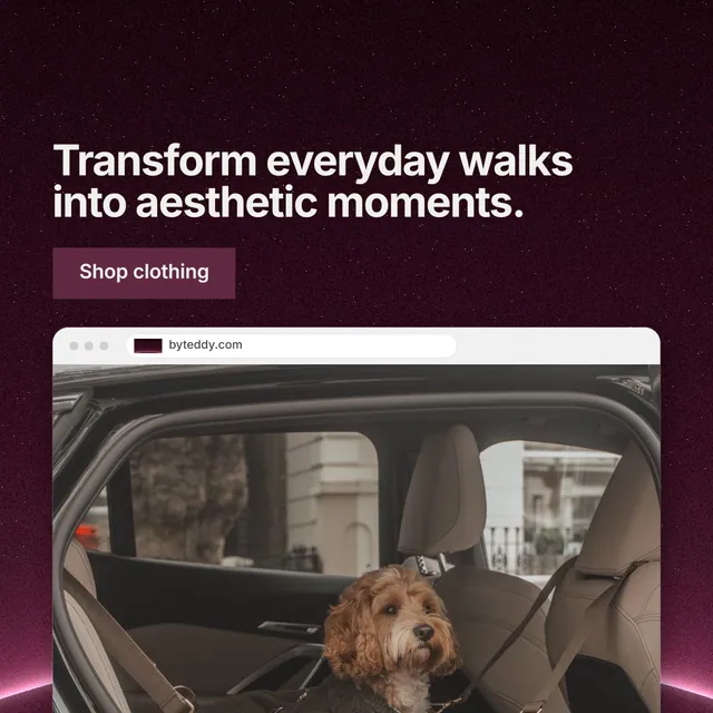 Instagram post for By Teddy: "Transform everyday walks into aesthetic moments." Swiss style, browser layout, dark palette in black, grey, pink.