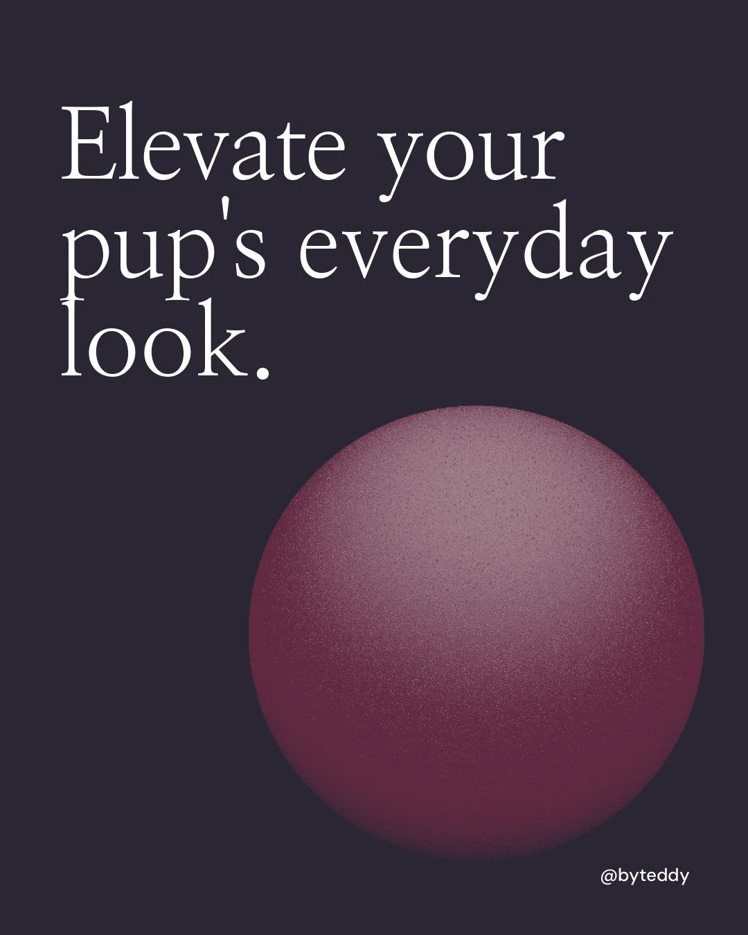Instagram portrait post for By Teddy: "Elevate your pup's everyday look." Auto 4x5 style, technique:shader field layout, dark palette in black, grey.