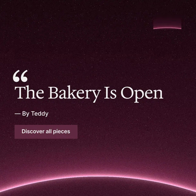 Instagram post for By Teddy: "The Bakery Is Open". Swiss style, quote layout, dark palette in pink, black.