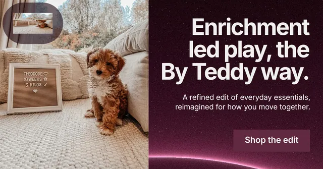 Social ad for By Teddy: "Enrichment led play, the By Teddy way." Swiss style, right layout, dark palette in grey, black, red.