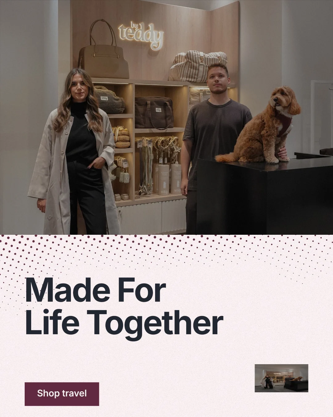Instagram portrait post for By Teddy: "Made For Life Together". Swiss style, bottom layout, light palette in grey, orange, white.