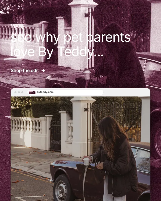 Instagram portrait post for By Teddy: "see why pet parents love By Teddy..." Film still style, browser layout, dark palette in red, grey, orange.
