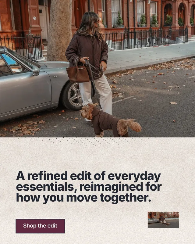 Instagram portrait post for By Teddy: "A refined edit of everyday essentials, reimagined for how you move together." Ink sticker style, bottom layout, light palette in grey, orange, red.