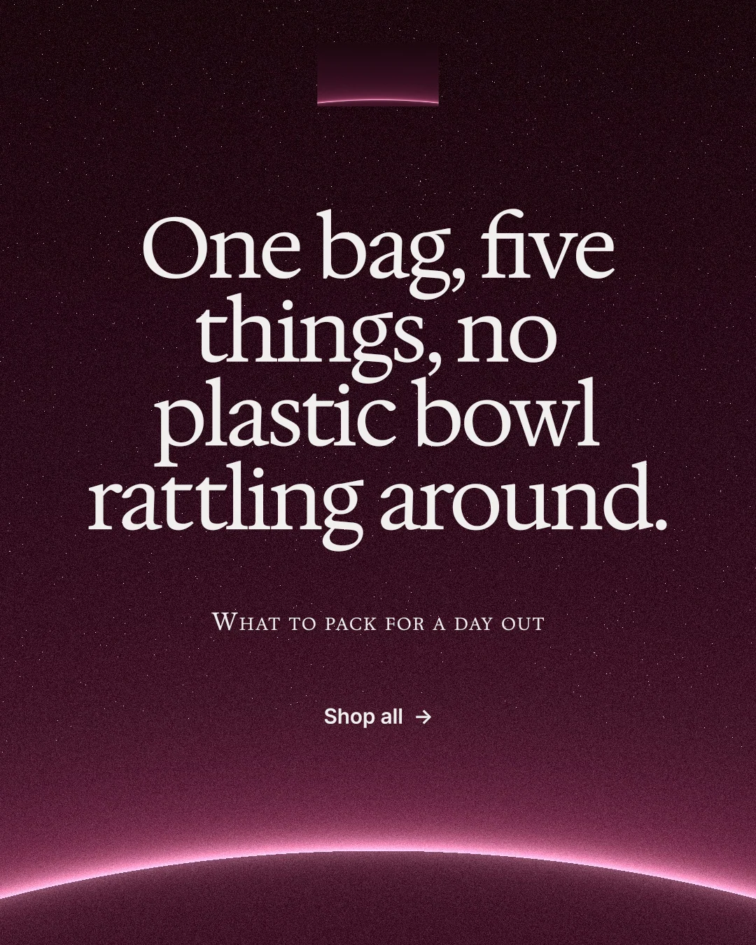 Instagram portrait post for By Teddy: "One bag, five things, no plastic bowl rattling around." Swiss style, smallcaps layout, dark palette in black, pink, grey.