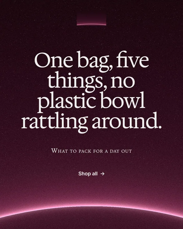Instagram portrait post for By Teddy: "One bag, five things, no plastic bowl rattling around." Swiss style, smallcaps layout, dark palette in black, pink, grey.