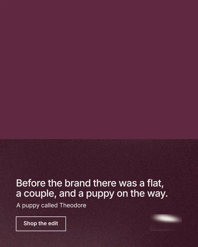 Instagram portrait post for By Teddy: "Before the brand there was a flat, a couple, and a puppy on the way." Cyanotype style, bottom layout, dark palette in red, grey.