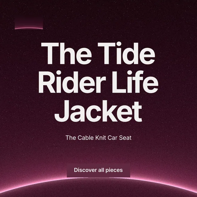 Instagram post for By Teddy: "The Tide Rider Life Jacket". Swiss style, centred layout, dark palette in pink, black, grey.
