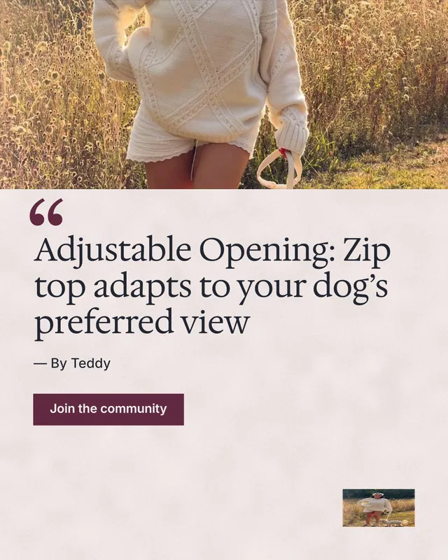 Instagram portrait post for By Teddy: "Adjustable Opening: Zip top adapts to your dog’s preferred view". Swiss style, quote layout, light palette in red, orange, white.