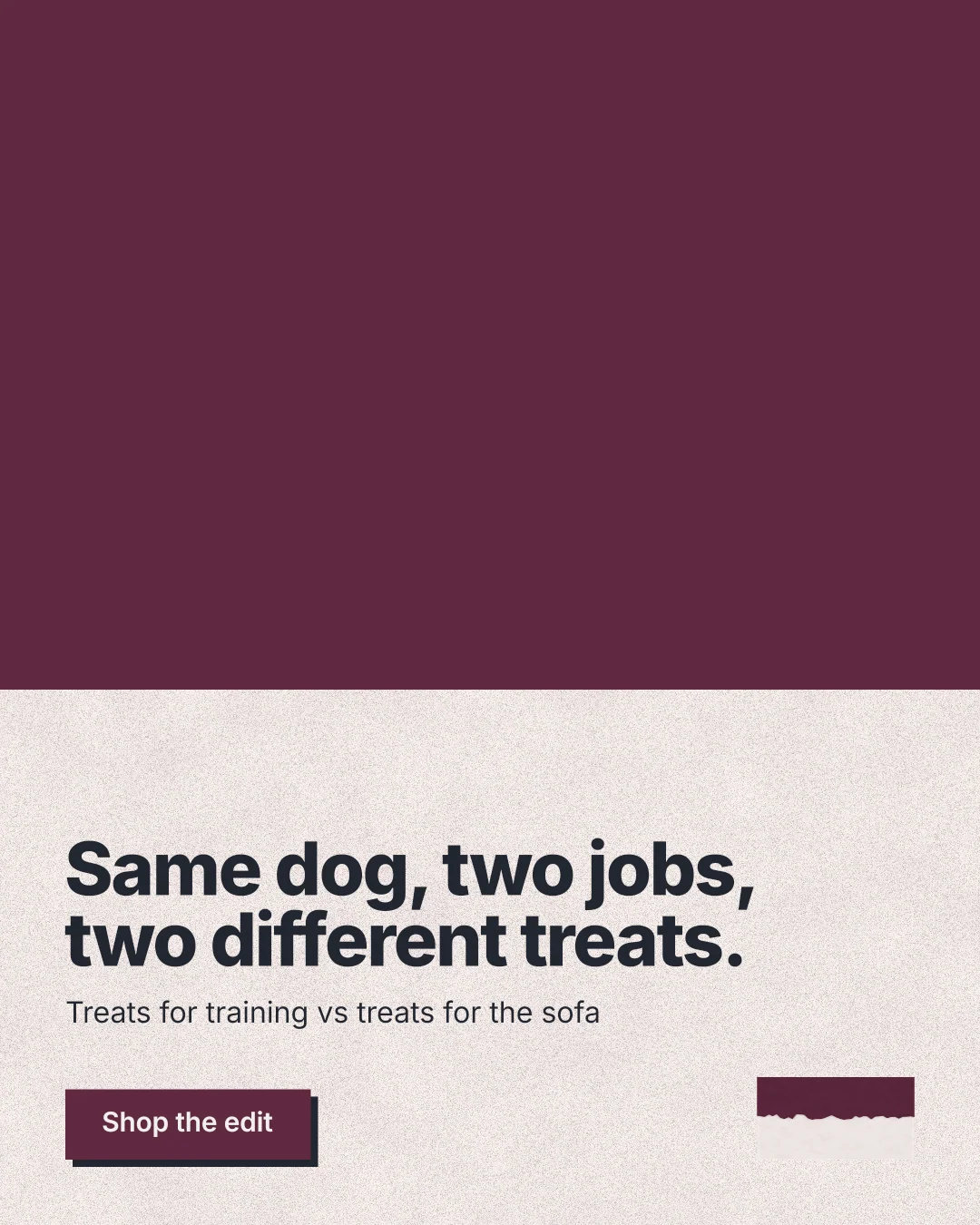 Instagram portrait post for By Teddy: "Same dog, two jobs, two different treats." Paper trio style, bottom layout, light palette in red, orange.