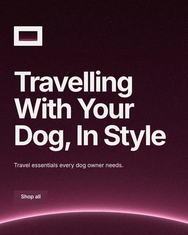 Instagram portrait post for By Teddy: "Travelling With Your Dog, In Style". Swiss style, announce layout, dark palette in pink, black, grey.