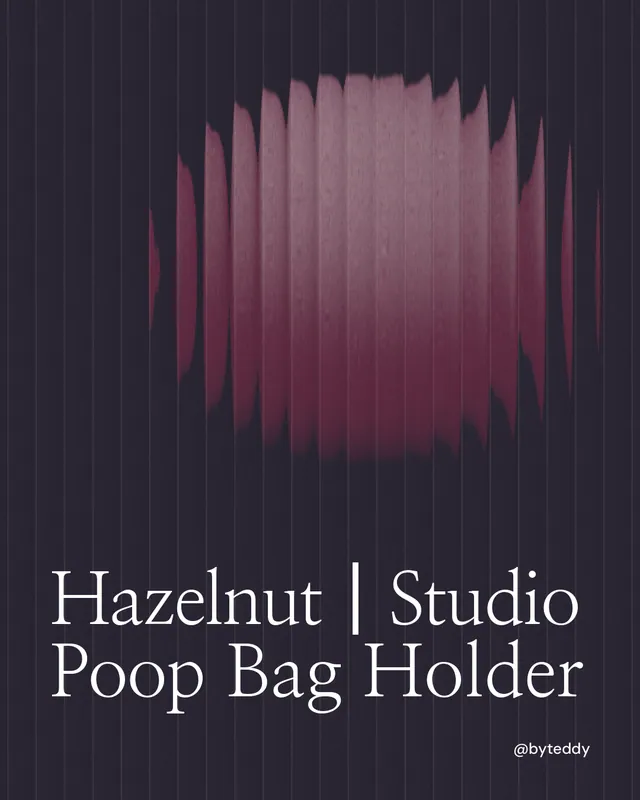 Instagram portrait post for By Teddy: "Hazelnut┃Studio Poop Bag Holder". Auto 4x5 style, technique:shader field layout, dark palette in black, grey.