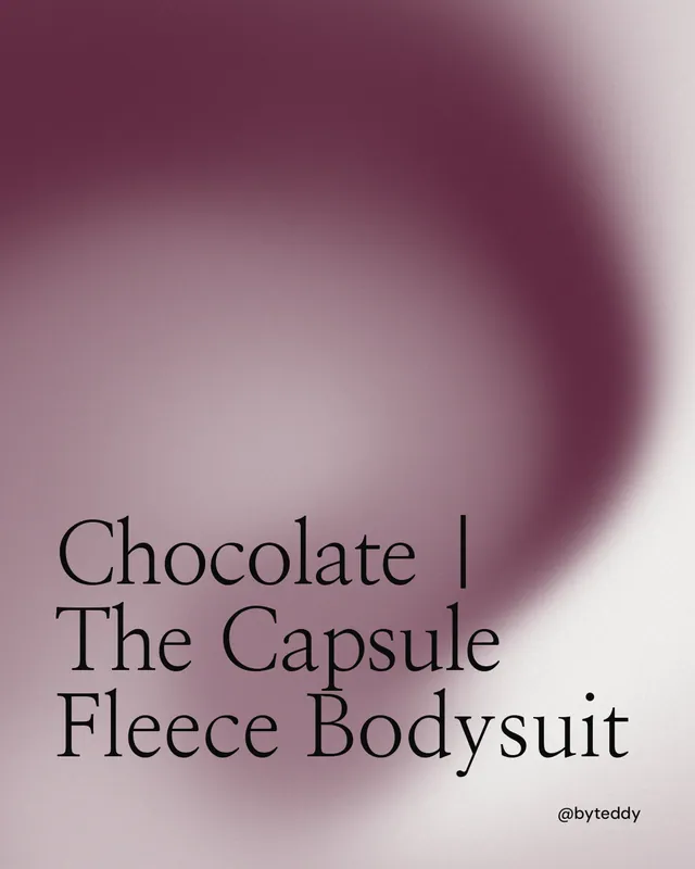 Instagram portrait post for By Teddy: "Chocolate | The Capsule Fleece Bodysuit". Auto 4x5 style, technique:shader field layout, light palette in red, grey, white.