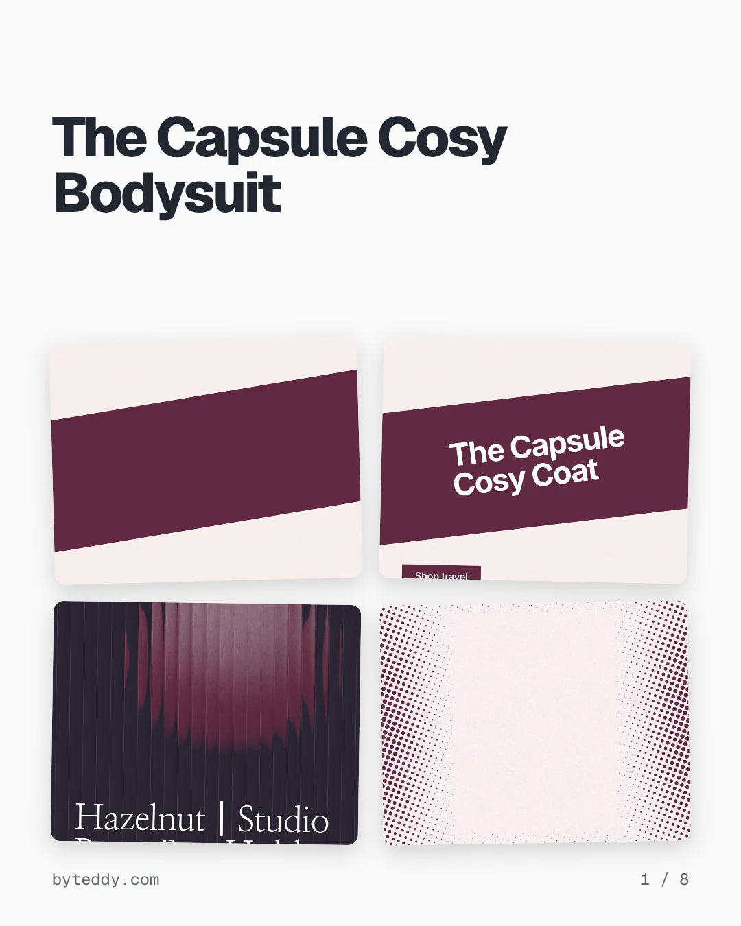 Carousel for By Teddy: "The Capsule Cosy Bodysuit". Collection carousel, 8 slides, light palette.