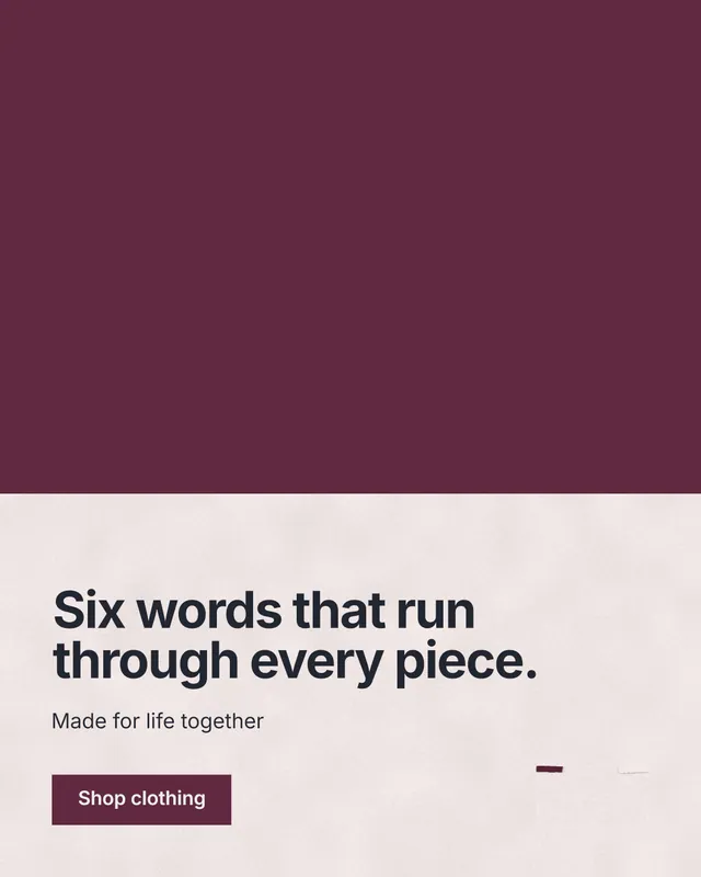 Instagram portrait post for By Teddy: "Six words that run through every piece." Swiss style, bottom layout, light palette in red.