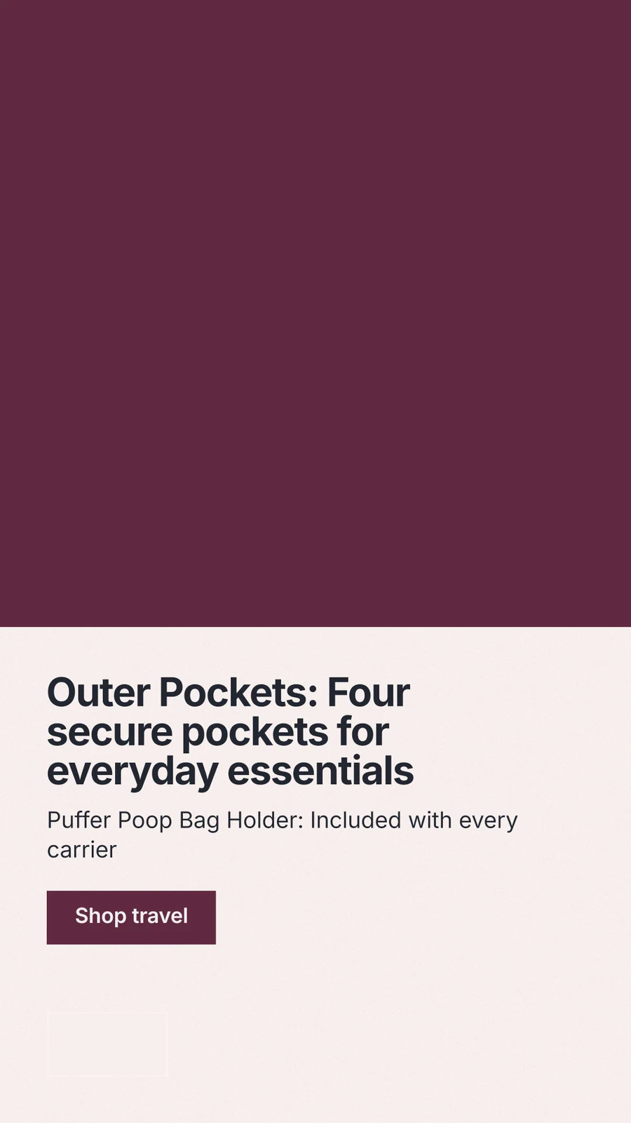 Instagram story for By Teddy: "Outer Pockets: Four secure pockets for everyday essentials". Swiss style, bottom layout, light palette in red, white, grey.