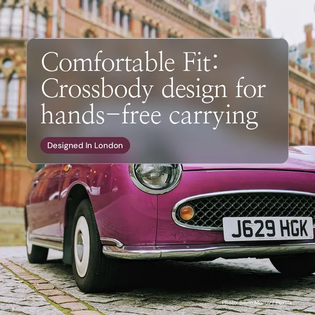 Instagram post for By Teddy: "Comfortable Fit: Crossbody design for hands-free carrying". Glass style, technique:pexels ingredient layout, light palette in grey, red.