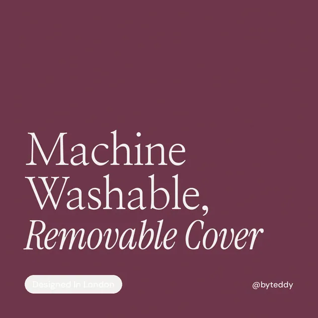 Instagram post for By Teddy: "Machine Washable, Removable Cover". Caption style, technique:mixed type lockup layout, dark palette in red, grey.
