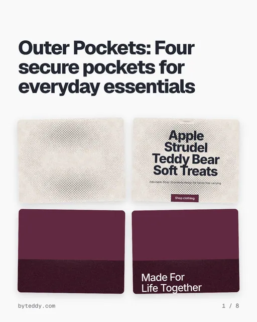 Carousel for By Teddy: "Outer Pockets: Four secure pockets for everyday essentials". Collection carousel, 8 slides, light palette.