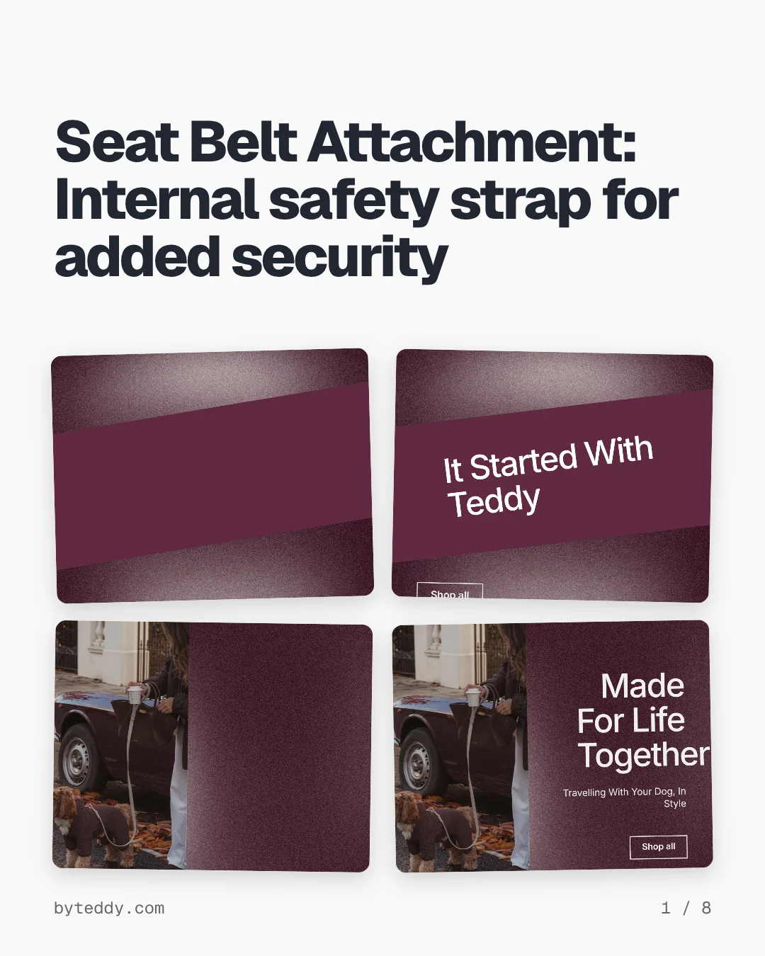 Carousel for By Teddy: "Seat Belt Attachment: Internal safety strap for added security". Collection carousel, 8 slides, light palette.