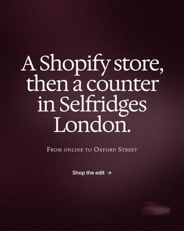 Instagram portrait post for By Teddy: "A Shopify store, then a counter in Selfridges London." Swiss style, smallcaps layout, dark palette in black, pink, red.