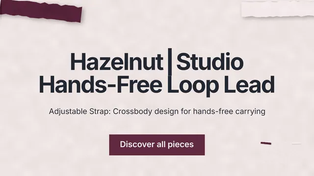 Landscape graphic for By Teddy: "Hazelnut┃Studio Hands-Free Loop Lead". Swiss style, centred layout, light palette in red, white, grey.