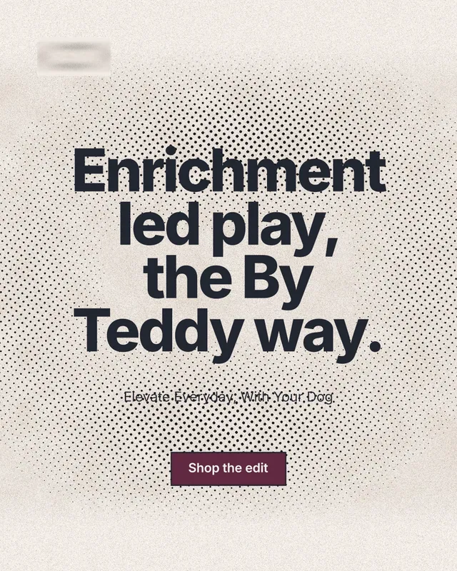 Instagram portrait post for By Teddy: "Enrichment led play, the By Teddy way." Ink sticker style, centred layout, light palette in white, orange, grey.